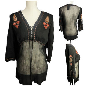 Y2k Black Sheer Babydoll Tunic Blouse L Beads Lace-up Whimsigoth Fairygoth Boho